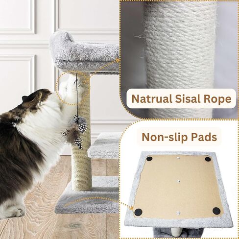 Cat Tree Tower with Feather Teasing Toy,Cat Scratching Post with Top Basket,Spacious Perches,Cat Self Groomer,Easy to Assemble in Kuwait