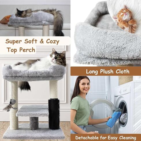Cat Tree Tower with Feather Teasing Toy,Cat Scratching Post with Top Basket,Spacious Perches,Cat Self Groomer,Easy to Assemble in Kuwait