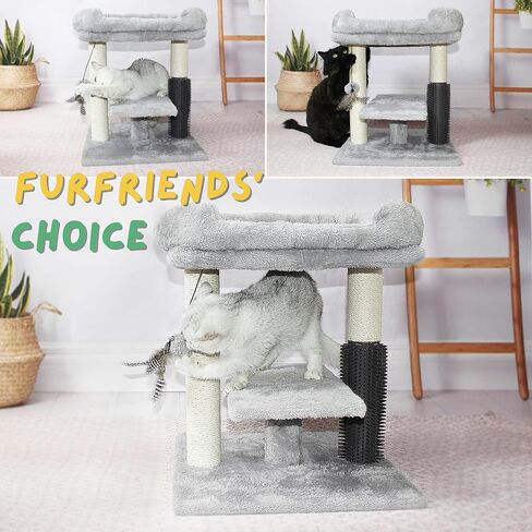 Cat Tree Tower with Feather Teasing Toy,Cat Scratching Post with Top Basket,Spacious Perches,Cat Self Groomer,Easy to Assemble in Kuwait