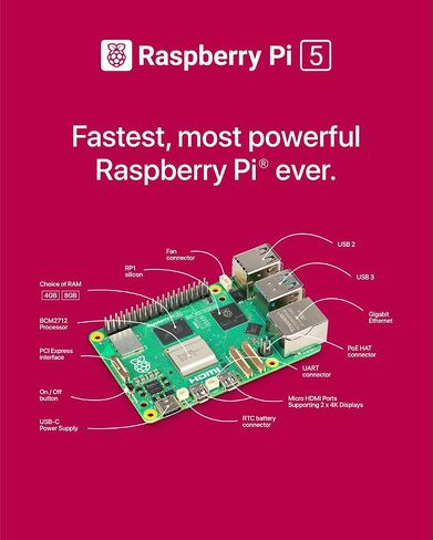 Argon Poly+5 Raspberry Pi 5 Starter Kit | Raspberry Pi 5 Kit/Pi 5 Board/Raspberry Pi 5 Case / 27W Raspberry Pi 5 Power Supply/Pi 5 Active Cooler / 64GB SD Card / 2 Micro HDMI Cable (Black, 8GB) in Saudi Arabia