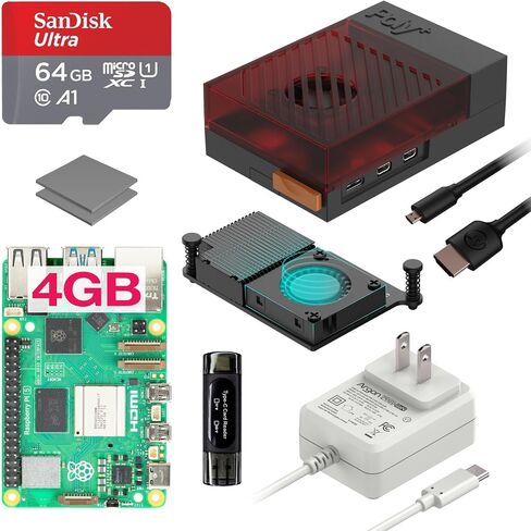 Argon Poly+5 Raspberry Pi 5 Starter Kit | Raspberry Pi 5 Kit/Pi 5 Board/Raspberry Pi 5 Case / 27W Raspberry Pi 5 Power Supply/Pi 5 Active Cooler / 64GB SD Card / 2 Micro HDMI Cable (Black, 8GB) in Saudi Arabia