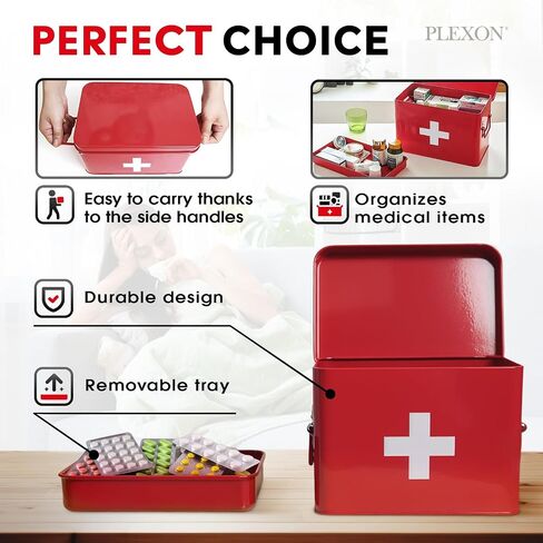 Plexon First Aid Supplies Bin, 8.5" Metal Medicine Storage Tin, First Aid Box Organizer, White First Aid Kit in Saudi Arabia