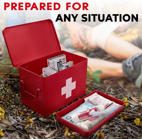 Plexon First Aid Supplies Bin, 8.5" Metal Medicine Storage Tin, First Aid Box Organizer, White First Aid Kit in Saudi Arabia
