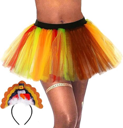 تنورة توتو تركيا لعيد الشكر للنساء البالغات للركض باللون البرتقالي والبني، تنورة توتو مطرزة بالترتر التركي، عصابة رأس للمهرجانات in Kuwait