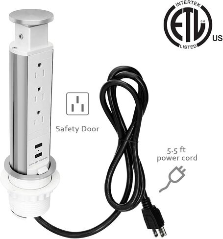 Pop up Outlet for Countertop, 3 AC Outlets & 2 USB-A, 3-1/4 Inch Silver in Kuwait