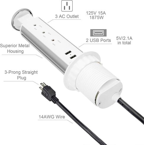 Pop up Outlet for Countertop, 3 AC Outlets & 2 USB-A, 3-1/4 Inch Silver in Kuwait