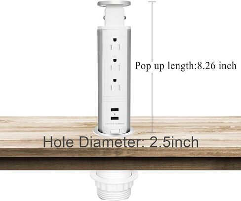 Pop up Outlet for Countertop, 3 AC Outlets & 2 USB-A, 3-1/4 Inch Silver in Kuwait