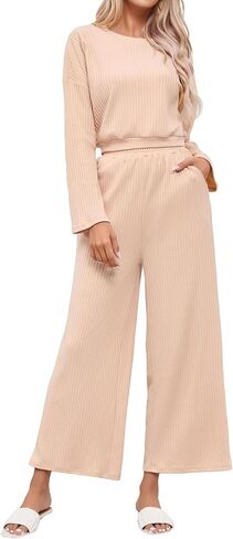 KOJOOIN Women’s Two Piece Outfits Long Sleeve Ribbed Top Wide Leg Pants Knit Sweatsuit Loungewear Sweatsuit Set Tracksuit in Saudi Arabia