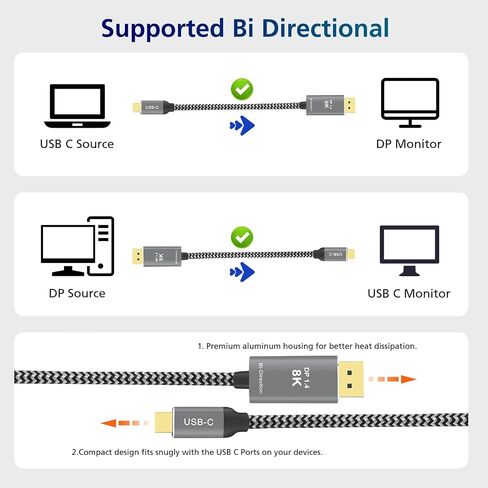 كابل USB C إلى DisplayPort 1.4، يدعم 8K@60 هرتز، 4K@240 هرتز كابل USB C إلى DP (كابل Thunderbolt 4 إلى DisplayPort، كابل DisplayPort إلى USB C) لجهاز iPhone 15 MacBook (USB C إلى DP أحادي الاتجاه) in Saudi Arabia