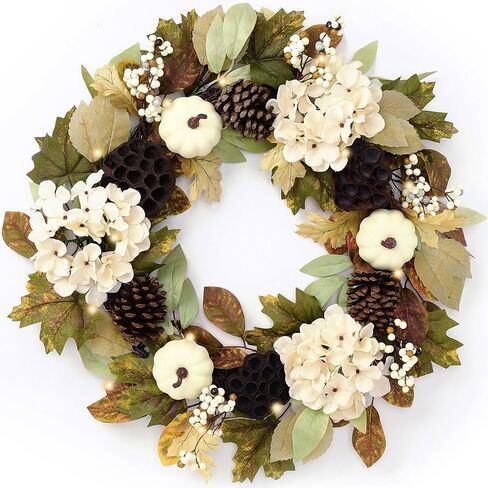 DecorbyHannah Collapsible Fall Wreaths for Front Door, 22 inch Pre-Lit Autumn Wreath with Green Pumkin and Pinecone for Harvest Thanksgiving Home Wall Window Indoor Outdoor Decor in Saudi Arabia