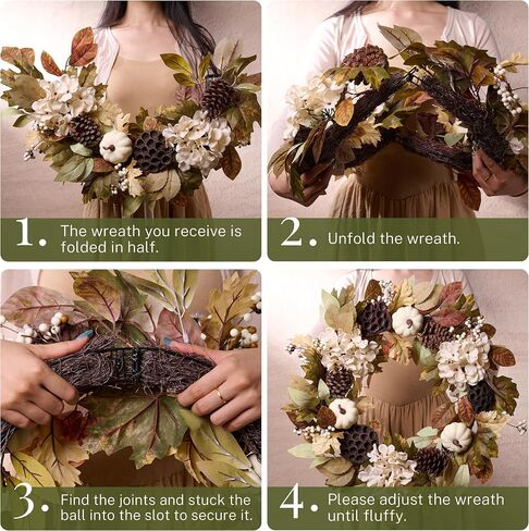 DecorbyHannah Collapsible Fall Wreaths for Front Door, 22 inch Pre-Lit Autumn Wreath with Green Pumkin and Pinecone for Harvest Thanksgiving Home Wall Window Indoor Outdoor Decor in Saudi Arabia
