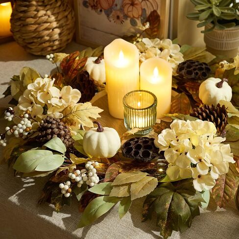 DecorbyHannah Collapsible Fall Wreaths for Front Door, 22 inch Pre-Lit Autumn Wreath with Green Pumkin and Pinecone for Harvest Thanksgiving Home Wall Window Indoor Outdoor Decor in Saudi Arabia