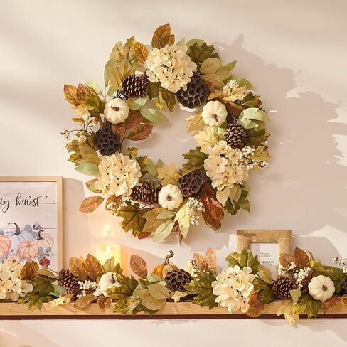 DecorbyHannah Collapsible Fall Wreaths for Front Door, 22 inch Pre-Lit Autumn Wreath with Green Pumkin and Pinecone for Harvest Thanksgiving Home Wall Window Indoor Outdoor Decor in Saudi Arabia