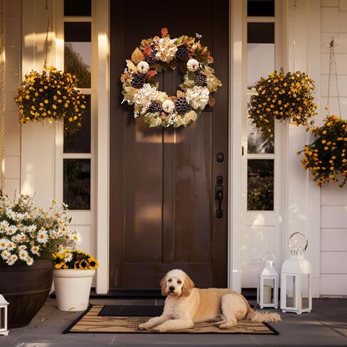 DecorbyHannah Collapsible Fall Wreaths for Front Door, 22 inch Pre-Lit Autumn Wreath with Green Pumkin and Pinecone for Harvest Thanksgiving Home Wall Window Indoor Outdoor Decor in Saudi Arabia