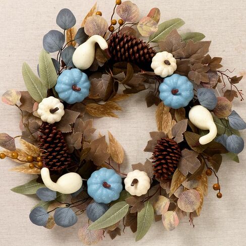 DecorbyHannah Collapsible Fall Wreaths for Front Door, 22 inch Pre-Lit Autumn Wreath with Green Pumkin and Pinecone for Harvest Thanksgiving Home Wall Window Indoor Outdoor Decor in Saudi Arabia