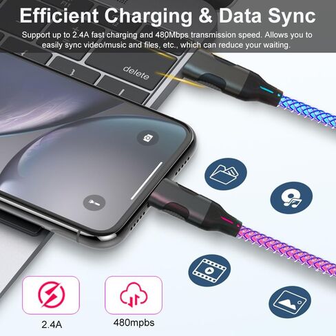 كابل شاحن LED iPhone، 4.9 قدم [معتمد من MFi] RGB ملون متدرج يضيء iPhone Lightning كابل USB شحن سريع سلك بيانات لهاتف iPhone 14 13 12 11 Pro Max XR XS X 8 7 6 Plus SE iPad المزيد in Saudi Arabia