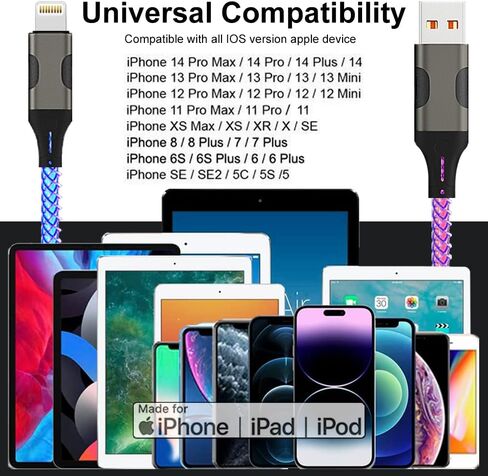 كابل شاحن LED iPhone، 4.9 قدم [معتمد من MFi] RGB ملون متدرج يضيء iPhone Lightning كابل USB شحن سريع سلك بيانات لهاتف iPhone 14 13 12 11 Pro Max XR XS X 8 7 6 Plus SE iPad المزيد in Saudi Arabia