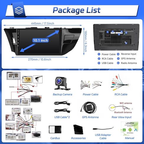 راديو Leadfan Android لسيارة Toyota Corolla 2013 2014 2015 2016 شاشة لمس ستيريو مع Apple CarPlay Android Auto، 10.1 بوصة وحدة استقبال صوت السيارة بلوتوث واي فاي GPS ملاحة FM كاميرا خلفية SWC in Saudi Arabia