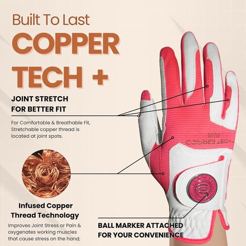 Copper Tech Plus Women's Golf Gloves with Ball Marker - Ladies Golf Gloves with 100% AAA Synthetic Leather - Wrist Support & Breathability - Golf Gloves Left Handed Golfer (Hand Orientation: Right) in Saudi Arabia