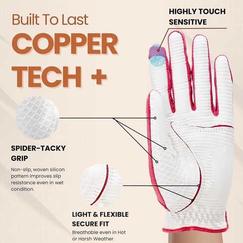 Copper Tech Plus Women's Golf Gloves with Ball Marker - Ladies Golf Gloves with 100% AAA Synthetic Leather - Wrist Support & Breathability - Golf Gloves Left Handed Golfer (Hand Orientation: Right) in Saudi Arabia