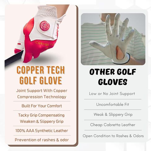 Copper Tech Plus Women's Golf Gloves with Ball Marker - Ladies Golf Gloves with 100% AAA Synthetic Leather - Wrist Support & Breathability - Golf Gloves Left Handed Golfer (Hand Orientation: Right) in Saudi Arabia