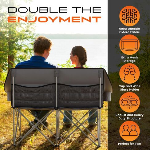 Double Camping Chair For Adults with Cup & Wine Holder - Folding Loveseat Camping Chair - Mesh Carry Bag - Double Lawn Chairs for Adults 2 Person Camping Chair for Beach Camping Couch & Camping Sofa in Saudi Arabia