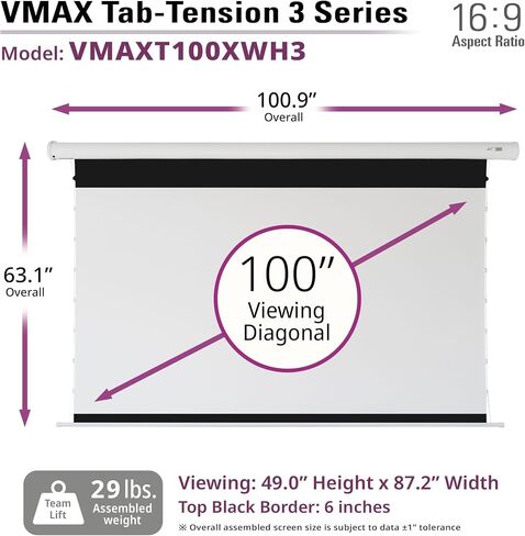 Elite Screens VMAX 3 Tab-Tensioned Series, 100-INCH 16:9, Motorized Projector Screen for Ultra/Standard/Short Projectors Movie Home Theater, VMAXT100XWH3 in Saudi Arabia