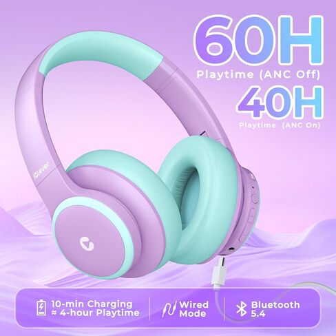 iClever BTH26 Active Noise Cancelling Headphones for Kids, 60H Playtime | SafeSound Tech 3.1, USB C Fast Charging, Bluetooth5.4, Kids Bluetooth Headphones, with Mic AUX Cord for iPad Airplane, Purple in Kuwait