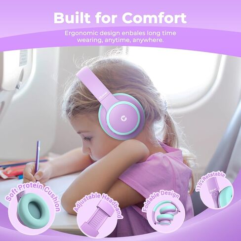 iClever BTH26 Active Noise Cancelling Headphones for Kids, 60H Playtime | SafeSound Tech 3.1, USB C Fast Charging, Bluetooth5.4, Kids Bluetooth Headphones, with Mic AUX Cord for iPad Airplane, Purple in Kuwait