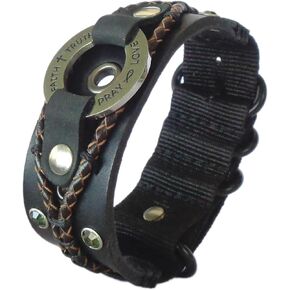 Christian Black Leather Cuff Bracelet with Cross and Fish for Man