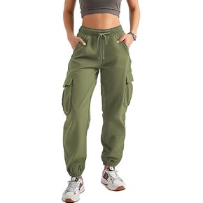 Black Cargo Pants for Womens Joggers with Pockets Elastic Ankle Cuffed High Waist Slim Casual Hiking Active Sweatpants