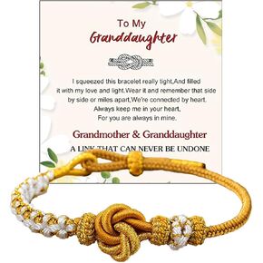 Granddaughter Bracelet for Women, Cute Pink Peach Blossom Knot Bracelet from Grandma Trendy Handmade Braided Charms Bracelets Holiday Jewelry Gifts