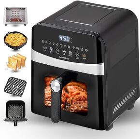 Air Fryer Stainless Steel 6 QT Compact 1700W Max 450°F Heat with View Window, 12 Presets or DIY, Ceramic Coating Non-Stick Basket, 4PAX Capacity, Dishwasher Safe (6 QT, Stainless Steel)