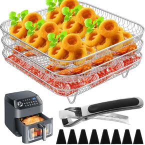 3 Layer Air Fryer Rack Square, 7.8" Air Fryer Grill Rack Accessories,Stainless Steel Grill Dehydrator Rack Stackable Air Fryer Basket with Feet & Anti-Scald Clip for Air Fryer Baking Cooking