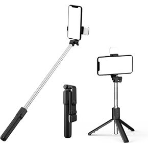 Selfie Stick with Tripod Stand and Wireless Remote, Compatible with Phones, Live Streaming and Photography (Pink+LED Light)