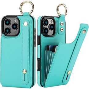 Folosu for iPhone 16 Pro Max Wallet Case with Card Holder, Hand Wrist Strap Loop Holder Kickstand, RFID Blocking Finger Grip Ring PU Leather Double Buttons Shockproof Cover 6.9" Black