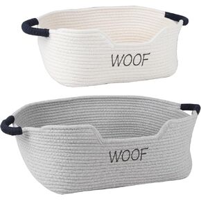 2 pack Dog Toy Baskets ,Pet Rope Basket for Dog Cat Toys,Dog Toy Bin with Handles,Woof Puppy Toy Storage Basket,Puppy Bed,Dog Stuff Organizer for Toys,Collar,Leash,Nursing Supplies