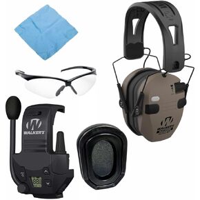 Walker's Razor Slim Quad Electronic Earmuffs with Bluetooth Technology (FDE) Bundle with Razor Walkie Talkie Attachment, Gel Ear Pad (Black), Sport Shooting Glasses, and Cleaning Cloth (5 Items)