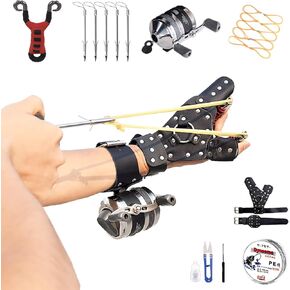 Fishing Slingshot Stainless Steel Recurve Fish Slingshot Set with Stainless Steel Fishing Reel and Fish Darts Gauntlets