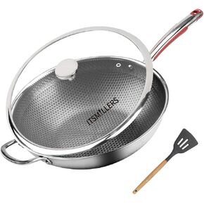 Tri-ply Stainless Steel Wok with Lid, 13.5'' PFOA Free Nonstick Stir Fry Pan, Induction Compatible, Dishwasher and Oven Safe, Scratch-resistant Surface