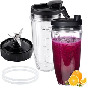 7 Piece Ninja Blender Cups & Blade Replacement Set 24oz Huge Cup with 2 Flip-Top To-Go Lid,7 Fins Extractor Blade Compatible with Nutri Ninja Auto iQ Blenders BL2012 BN801 BL480 BL682 BL642
