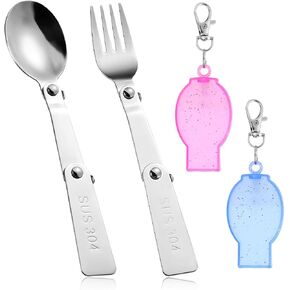 2pcs Foldable Fork and Spoon Set, Portable Stainless Steel Folding Spoon and Fork with 2 Plastic Storage Cases for Outdoors Travel Replacement Compatible with Thermos Funtainer 16oz Food Jar