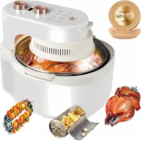 10-in-1 Functions Glass Air Fryer 8 Qt Large Capacity,Rotating Grill Basket-Even Heating,White Gold and Beige Cream Color,Visible Window,Explosion-Proof,Won't Burnt,No Smell