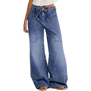 Flamingals Wide Leg Jeans for Women Drawsting Mid Waist Baggy Jeans Belted Wash Stitch Detai Trouser Jeans