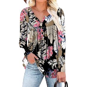 Aodemo Women's 2024 Fall Henley V Neck Button Up Tunic Ladies Loose Fit Tops Flowy Long Sleeve Winter Blouse