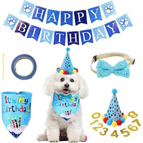 Dog Birthday Party Supplies, Birthday Bandana Boy, Dog Birthday Hat, Bow Tie, Birthday Numbers (Blue)