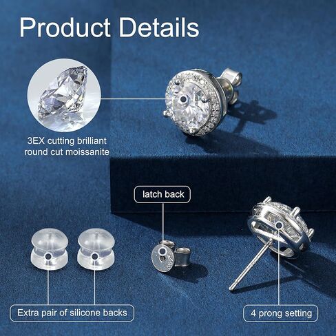 أقراط مويسانيتي مرصعة، 0.5 قيراط D اللون VVS1 أقراط مرصعة بالماس مصنوعة من الذهب الأبيض عيار 18 قيراط مطلية بالذهب الأبيض عيار 925 أقراط سوليتير من الفضة الإسترلينية هدايا مجوهرات للنساء والرجال in Kuwait