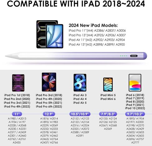 قلم لمس لجهاز iPad، قلم iPad يعمل لجهاز iPad 10/9/8/7/6th Gen، iPad Air 3/4/5/M2، iPad Pro 12.9/11/13 بوصة M4، iPad Mini 5/6، 15 دقيقة الشحن، رفض راحة اليد، حساسية الميل (أرجواني) in Saudi Arabia