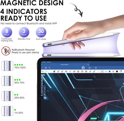 قلم لمس لجهاز iPad، قلم iPad يعمل لجهاز iPad 10/9/8/7/6th Gen، iPad Air 3/4/5/M2، iPad Pro 12.9/11/13 بوصة M4، iPad Mini 5/6، 15 دقيقة الشحن، رفض راحة اليد، حساسية الميل (أرجواني) in Saudi Arabia