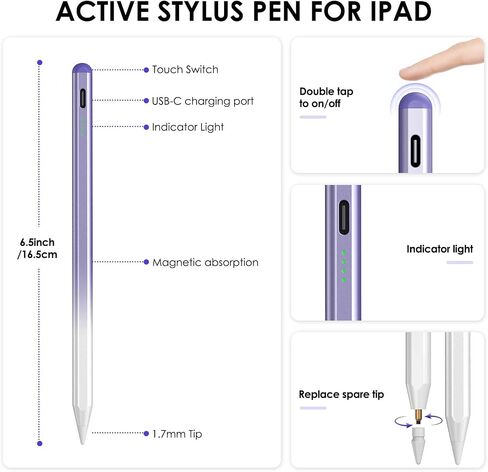 قلم لمس لجهاز iPad، قلم iPad يعمل لجهاز iPad 10/9/8/7/6th Gen، iPad Air 3/4/5/M2، iPad Pro 12.9/11/13 بوصة M4، iPad Mini 5/6، 15 دقيقة الشحن، رفض راحة اليد، حساسية الميل (أرجواني) in Saudi Arabia